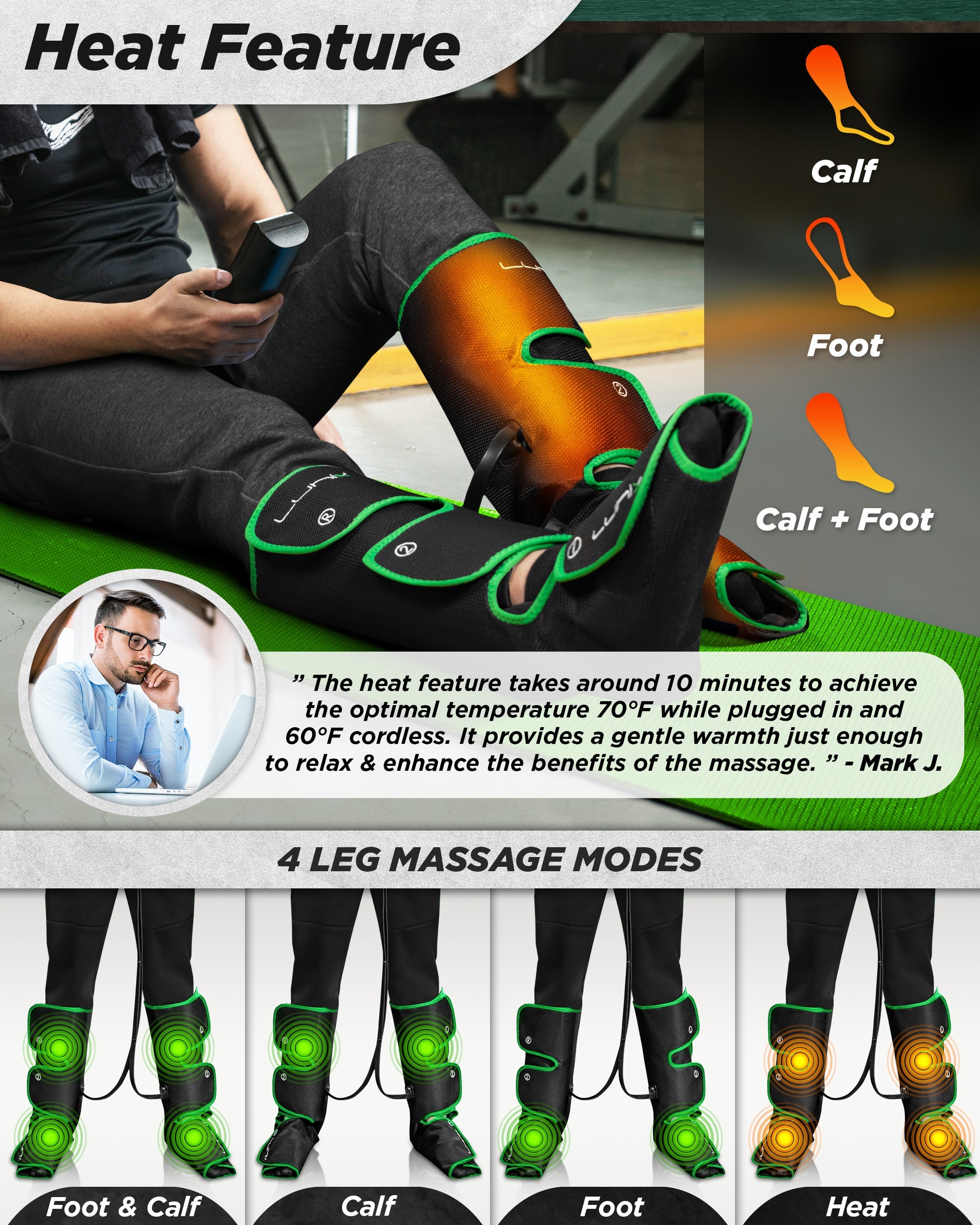 LX1 Foot and Calf Compression Massager, Forest Green, for heaviness fatigue, mild swelling