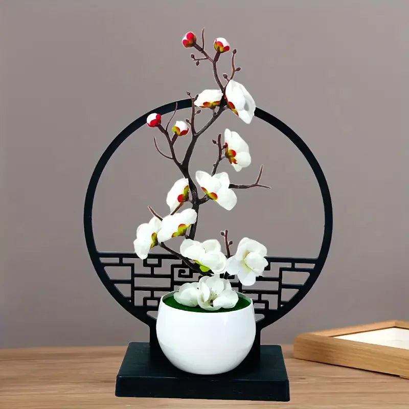 Faux Winter Plum Blossom Bonsai (Meihua) – Oriental Ceramic Tabletop Centerpiece for Tea & Living Rooms