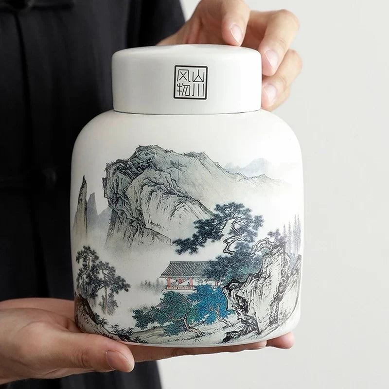 Chinese Landscape Tea Storage Pot with Lid