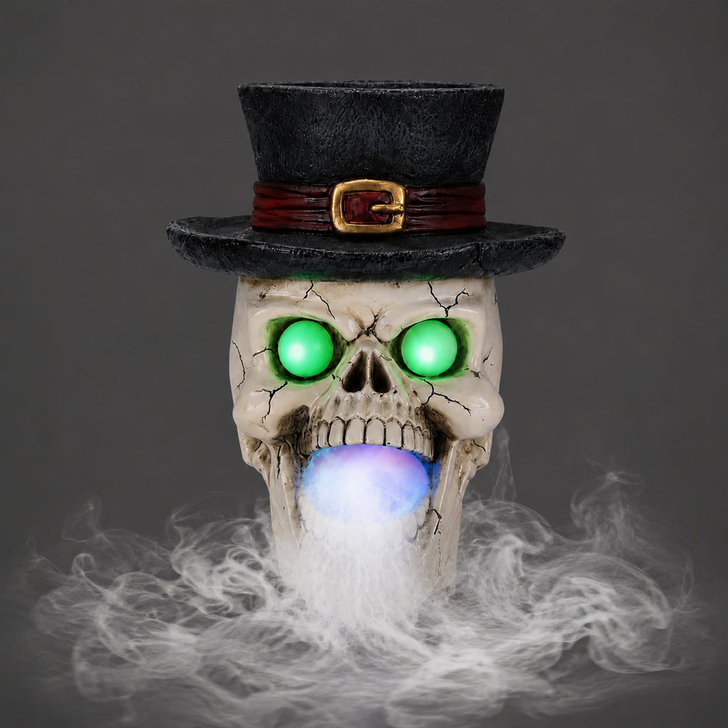 LED Light-Up Skull with Top Hat & Mist Maker Halloween Decoration