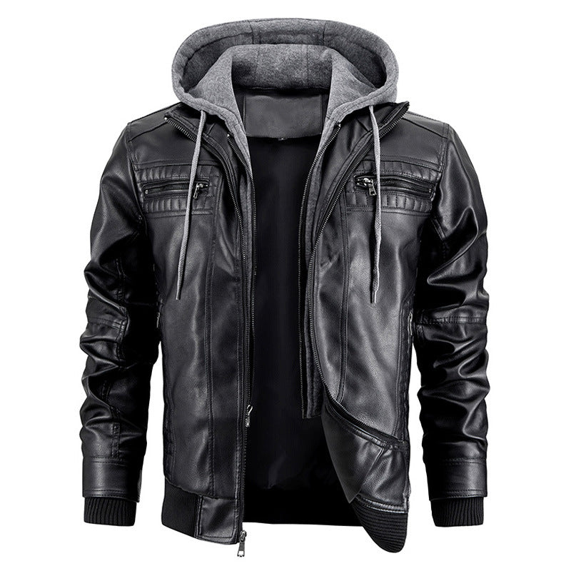 Men's PU Leather Motorcycle Jacket – Hooded Removable Bomber with Zipper Pockets