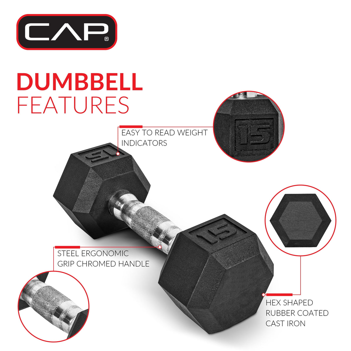 Barbell, 12Lb Coated Rubber Hex Dumbbell, Pair (No-Roll Design, Ergonomic Steel Handle, Durable Coated Weight)