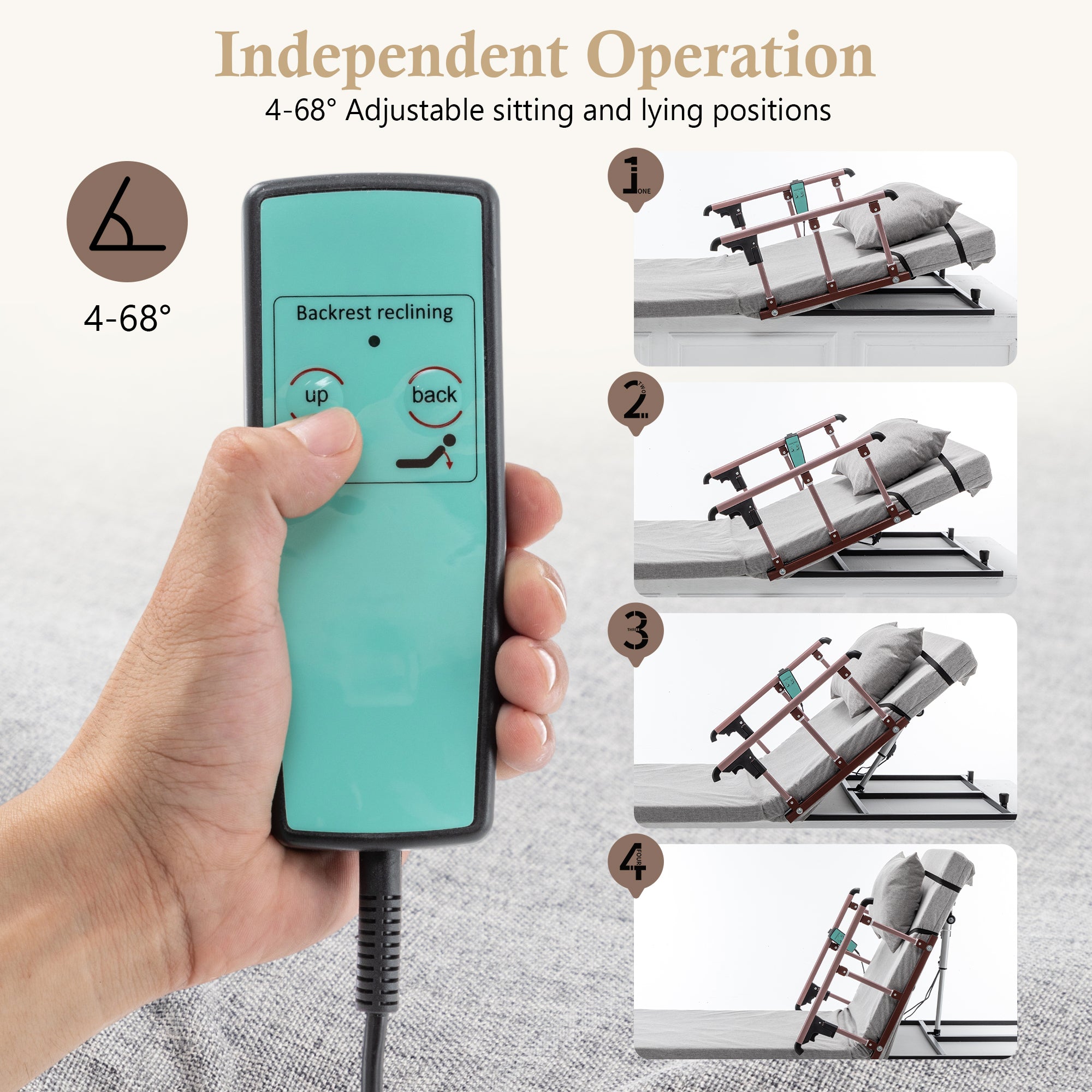 Bed Backrest Electric Adjustable 68 Degree Safety Rails Remote 300 LB 74 In