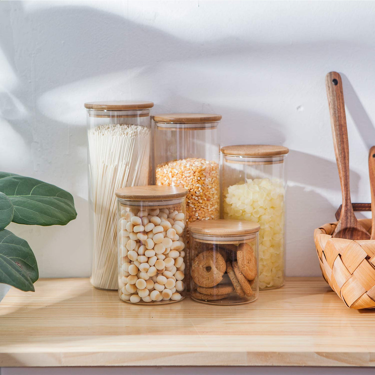 Glass Food Storage Containers, Food Jars with Bamboo Wooden Lids - Set of 5