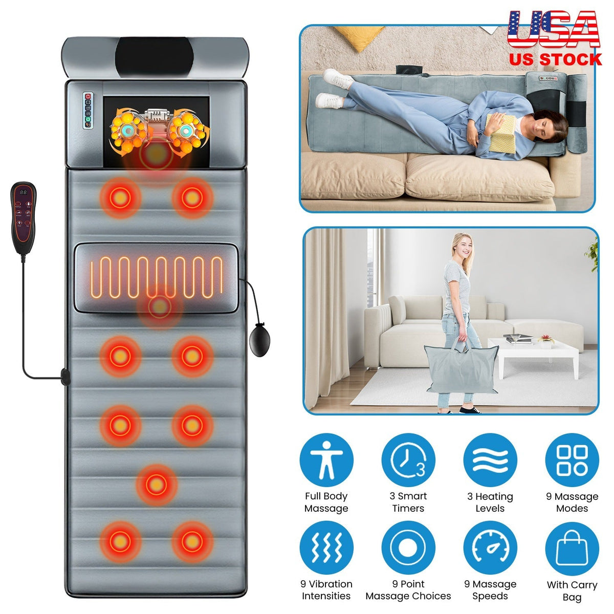 Full Body Electric Massage Mat with Heat Vibration Massage Pad Cushion Back Massage Mattress Chair Pad with Neck Massager Lumbar Pillow with 10 Vibrat