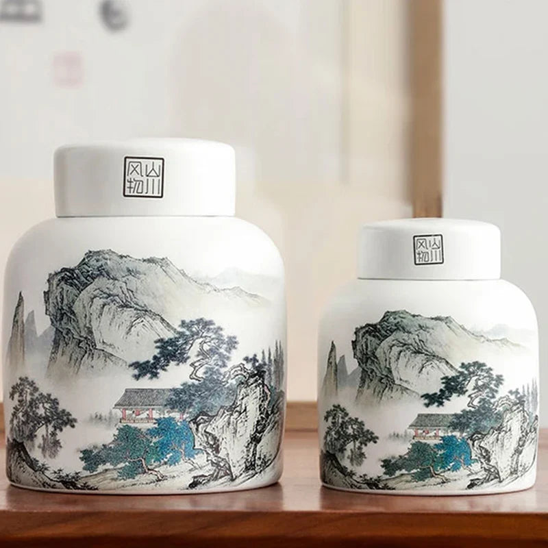 Chinese Landscape Tea Storage Pot with Lid