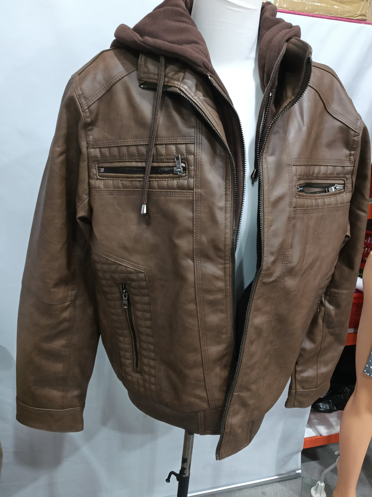Men's PU Leather Motorcycle Jacket – Hooded Removable Bomber with Zipper Pockets