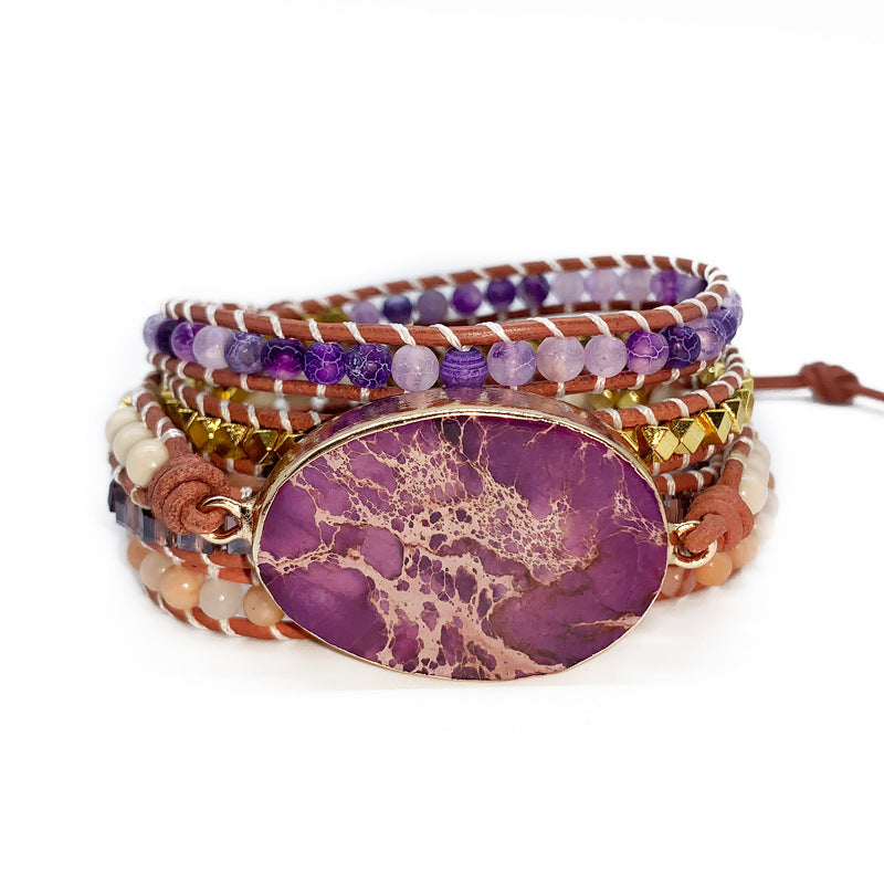 Natural Purple Imperial Jasper Multi-Layer Leather Wrap Bracelet
