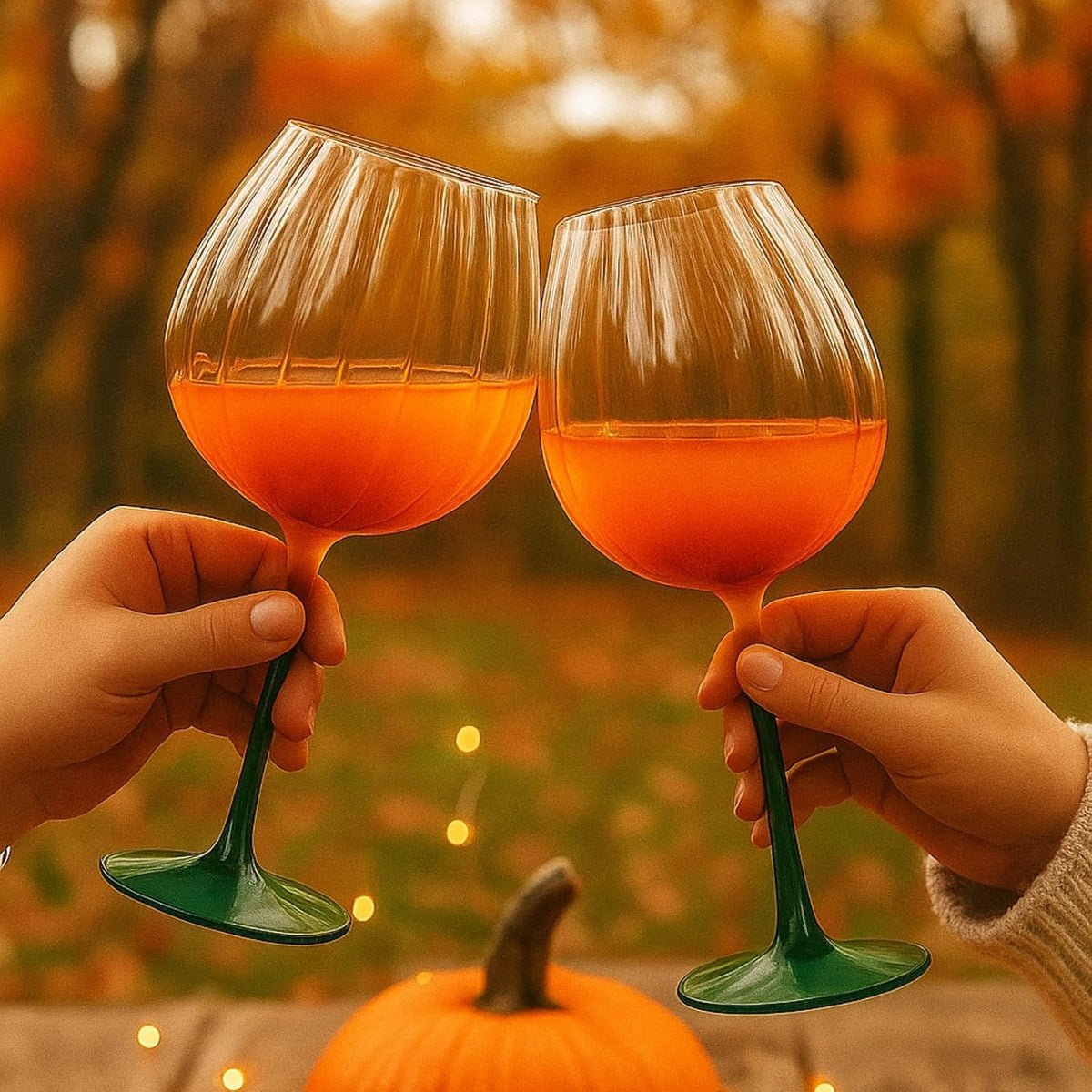 Khen Pumpkin Wine Glasses Fall Inspired Lightweight - Set of 2 Orange & Green