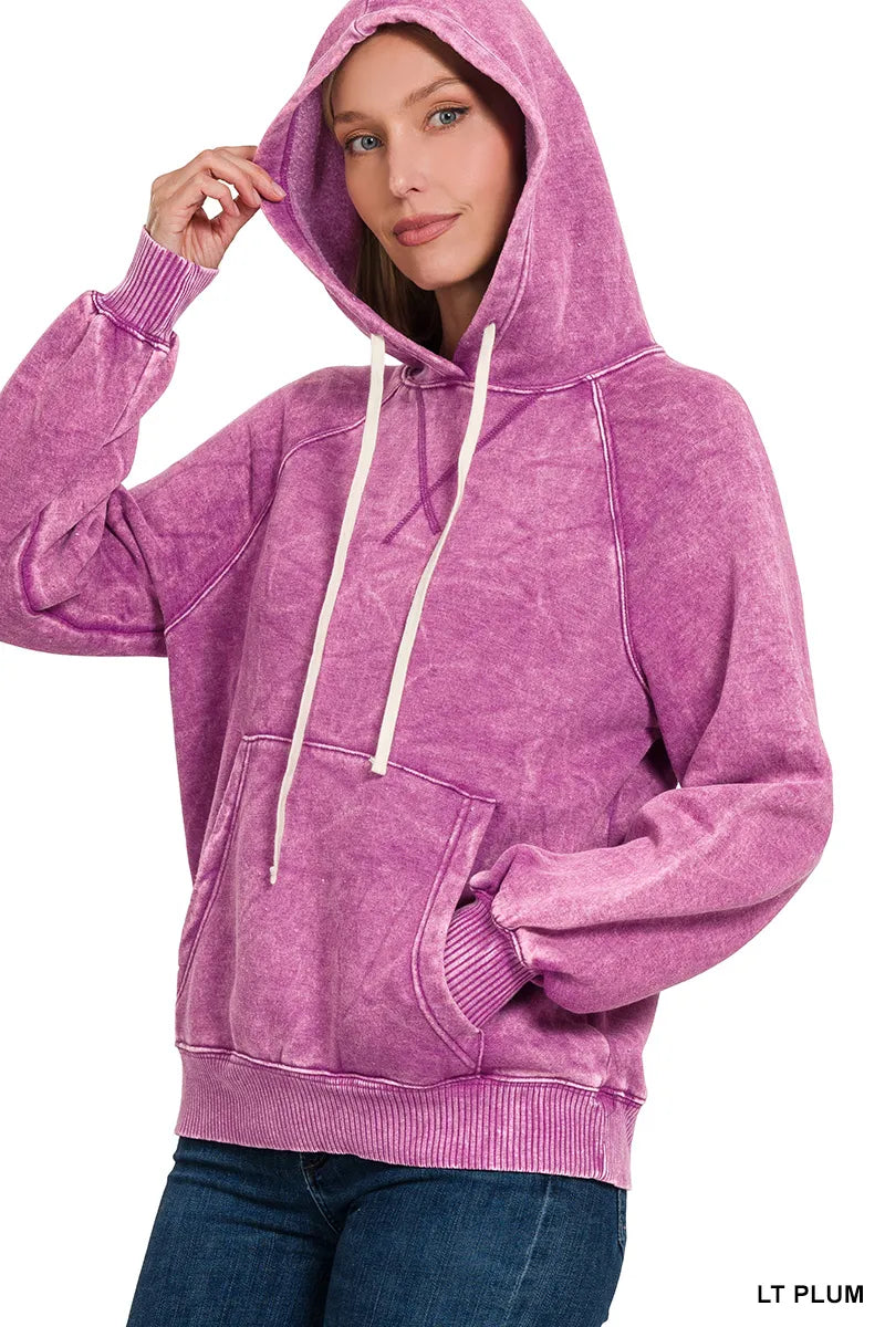 Zenana Acid Wash Fleece Hoodie with Kangaroo Pocket