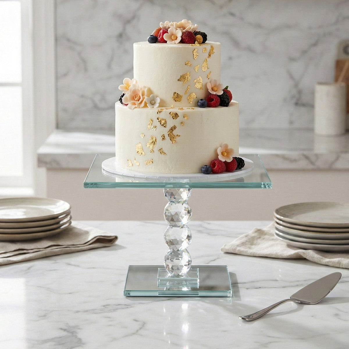 Exquisite Crystal Dessert Stand with Mirror Pedestal Base