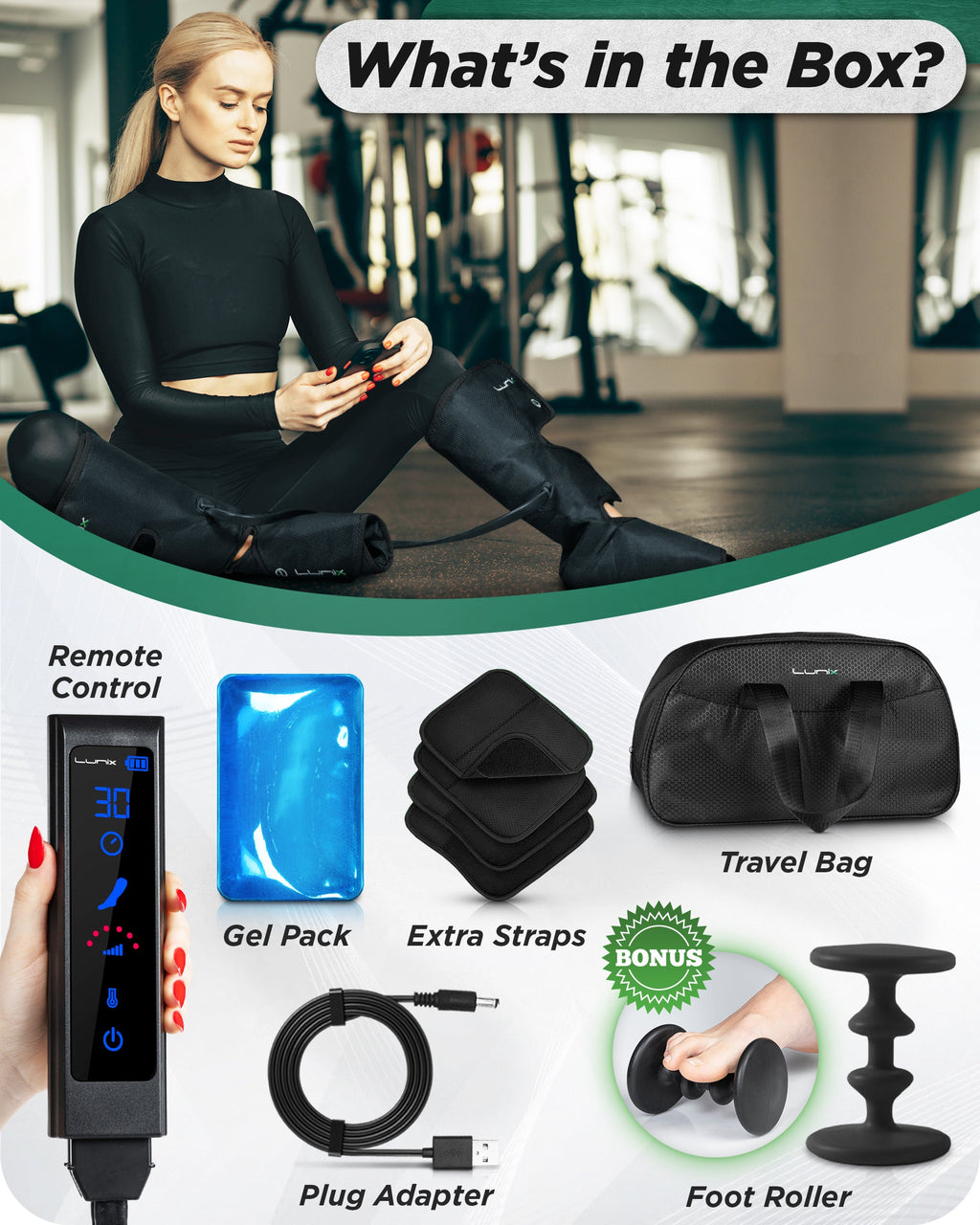 LX1 Foot and Calf Compression Massager, Charcoal Black, for heaviness, fatigue, mild swelling