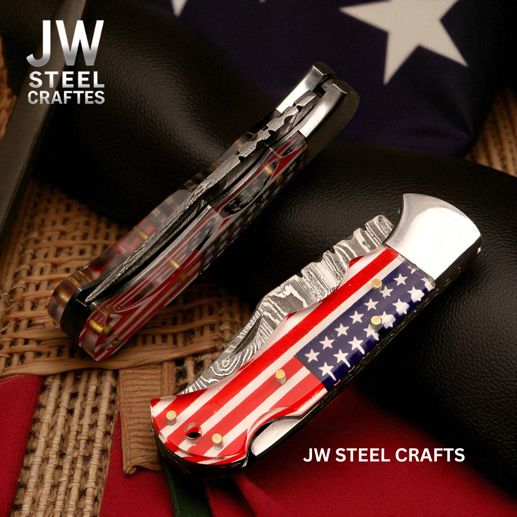 American Flag Damascus Folding Knife Hunter with Ram Horn Handle