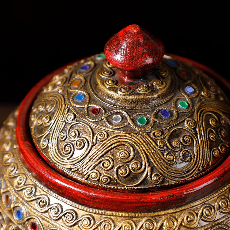 ‌Handcrafted Thai Teakwood Jar with Mosaic Colored Glass Lid – Boho Storage Canister