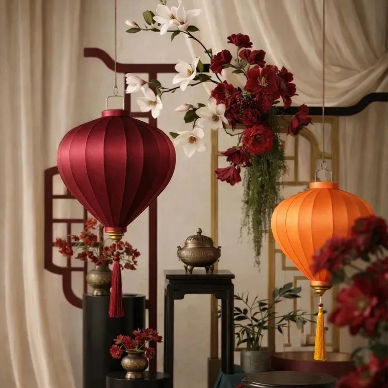 14-Inch Oriental Satin Silk Palace Lantern – Traditional Vietnamese Hanging Lantern