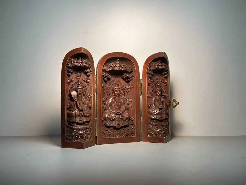 Three Panel Open Box Taoist Saints Wooden Carving - Good for Feng Shui