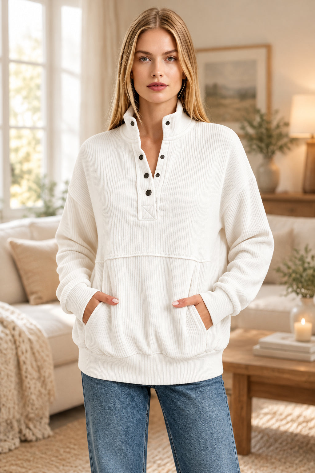 Women's Textured Button-Neck Sweatshirt with Front Pocket