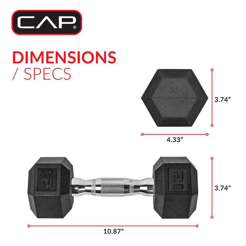Barbell, 12Lb Coated Rubber Hex Dumbbell, Pair (No-Roll Design, Ergonomic Steel Handle, Durable Coated Weight)