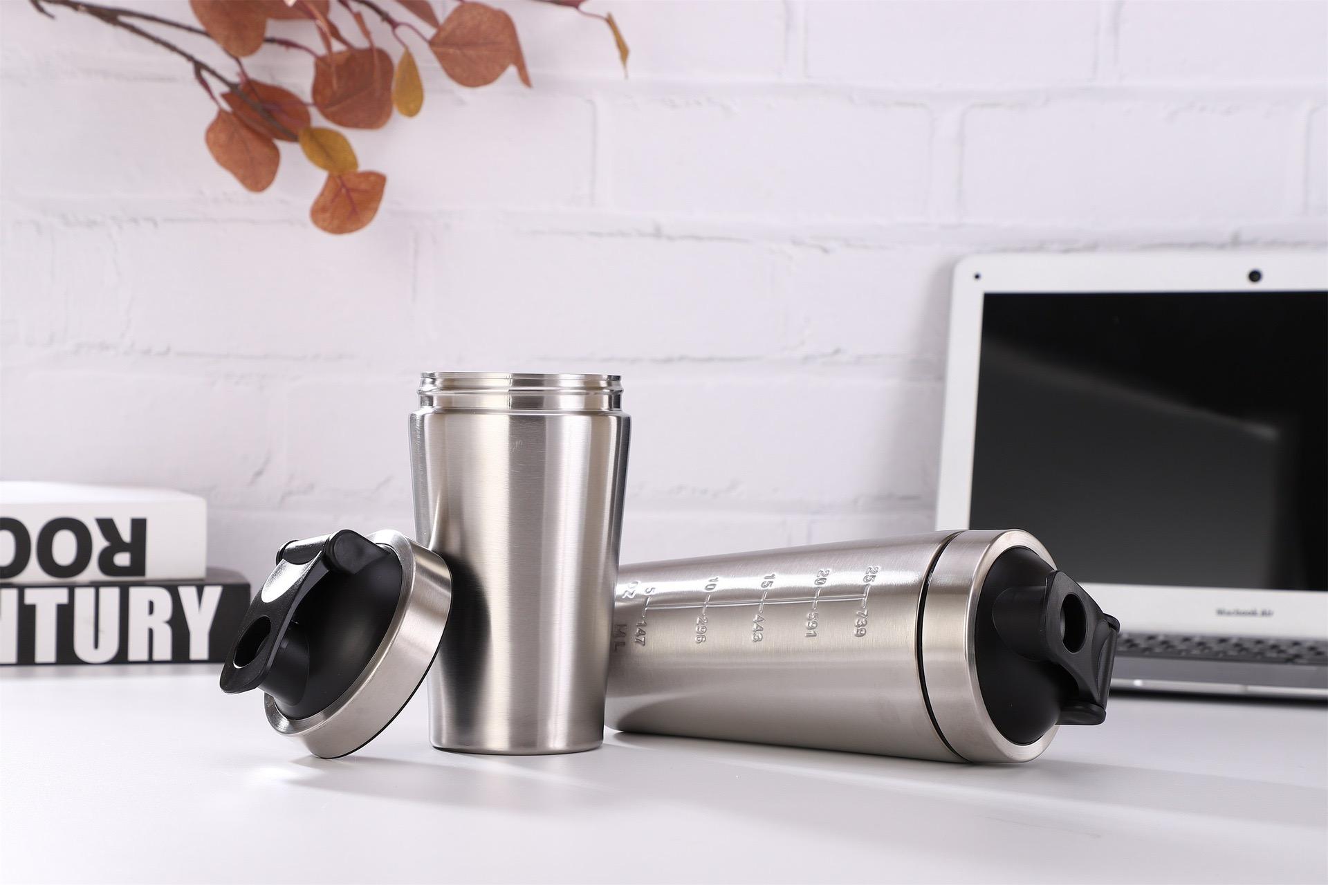 Protein shaker bottle 304 stainless steel single layer sports cup shaker with lids and shake ball