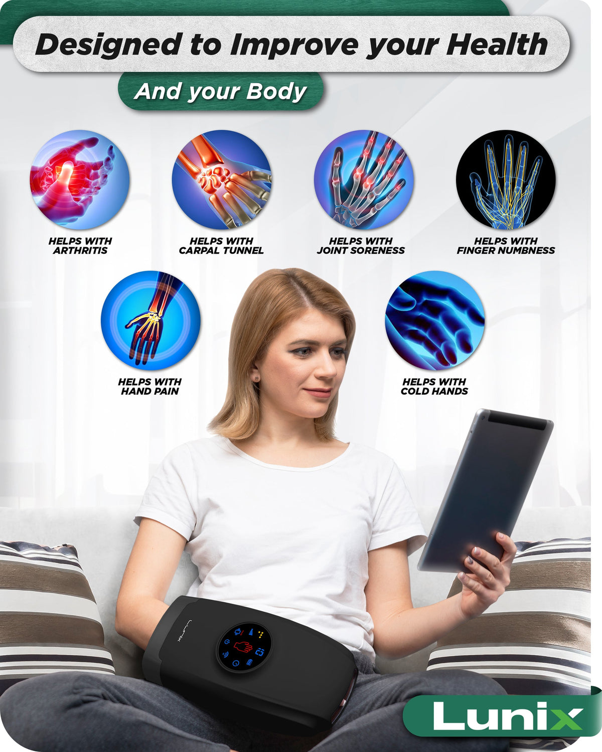 Lunix LX37 Hand Massager, Touchscreen Red Light Therapy for Hands, Charcoal Black
