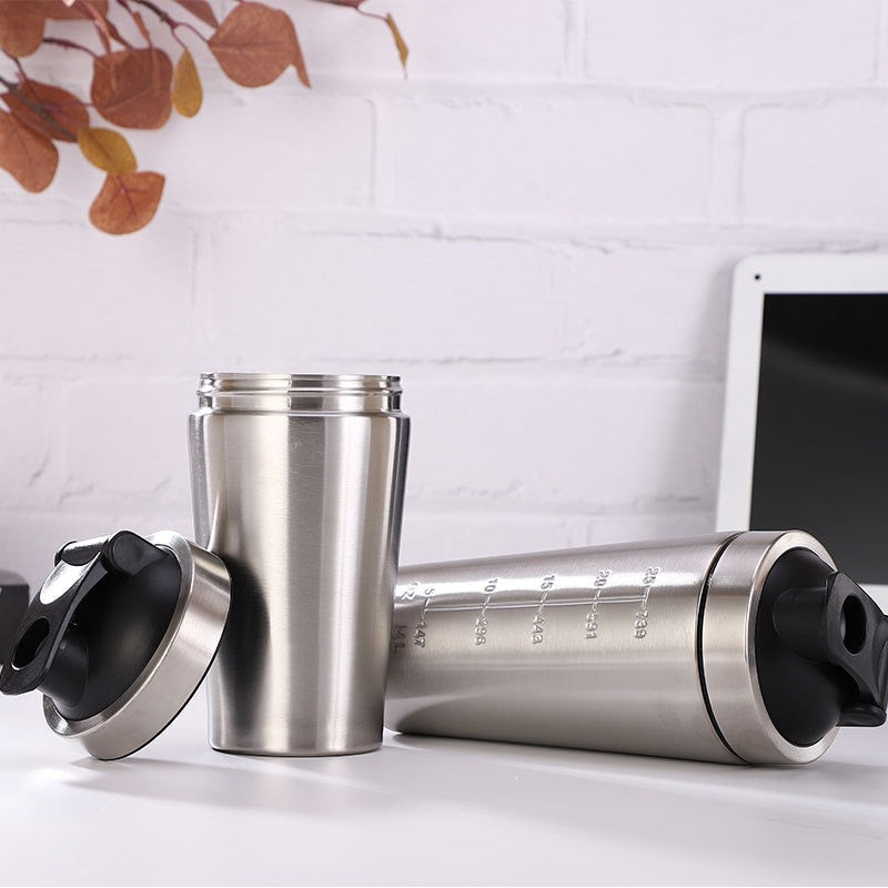Protein shaker bottle 304 stainless steel single layer sports cup shaker with lids and shake ball
