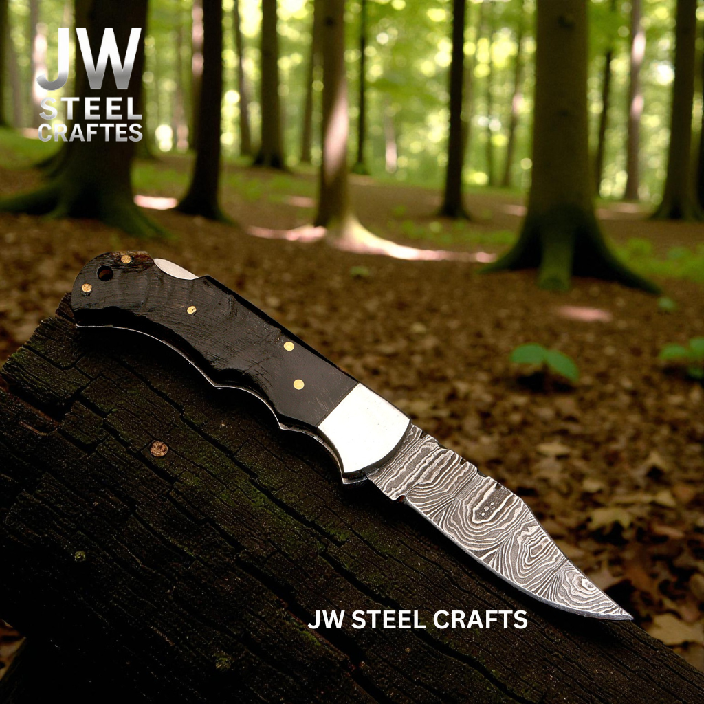American Flag Damascus Folding Knife Hunter with Ram Horn Handle