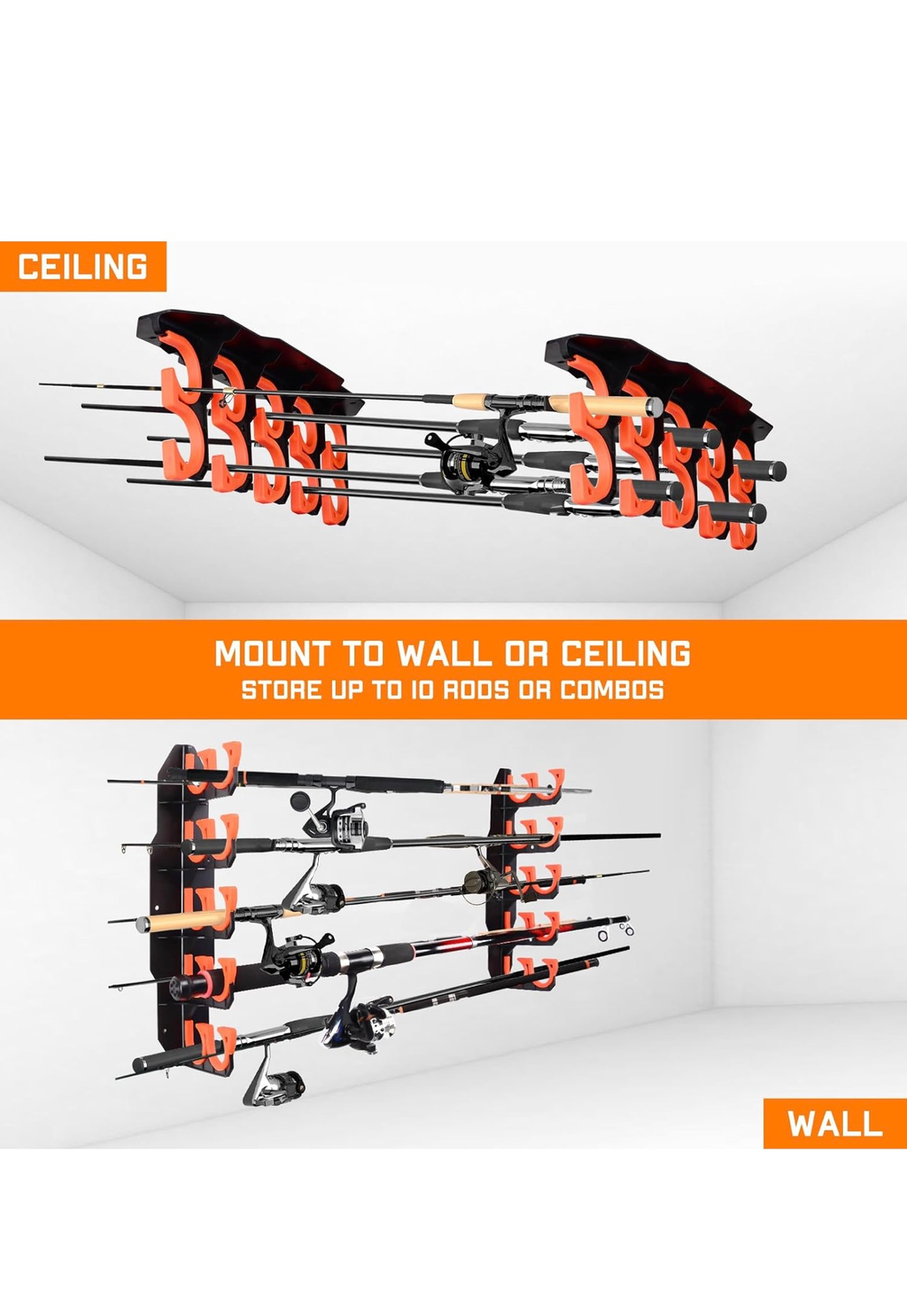 Fishing Rod Rack Wall Ceiling Mount Holds 10 Rods Garage Storage 16.5in