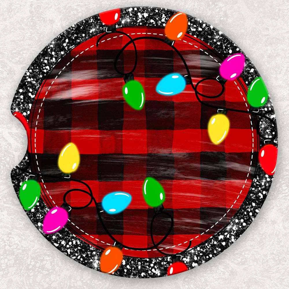 Car Coaster Set - Buffalo Plaid Christmas Lights
