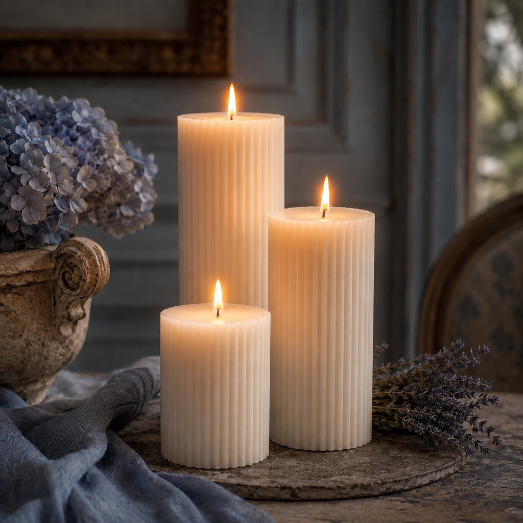 Striped White Beeswax Pillar Candle Set