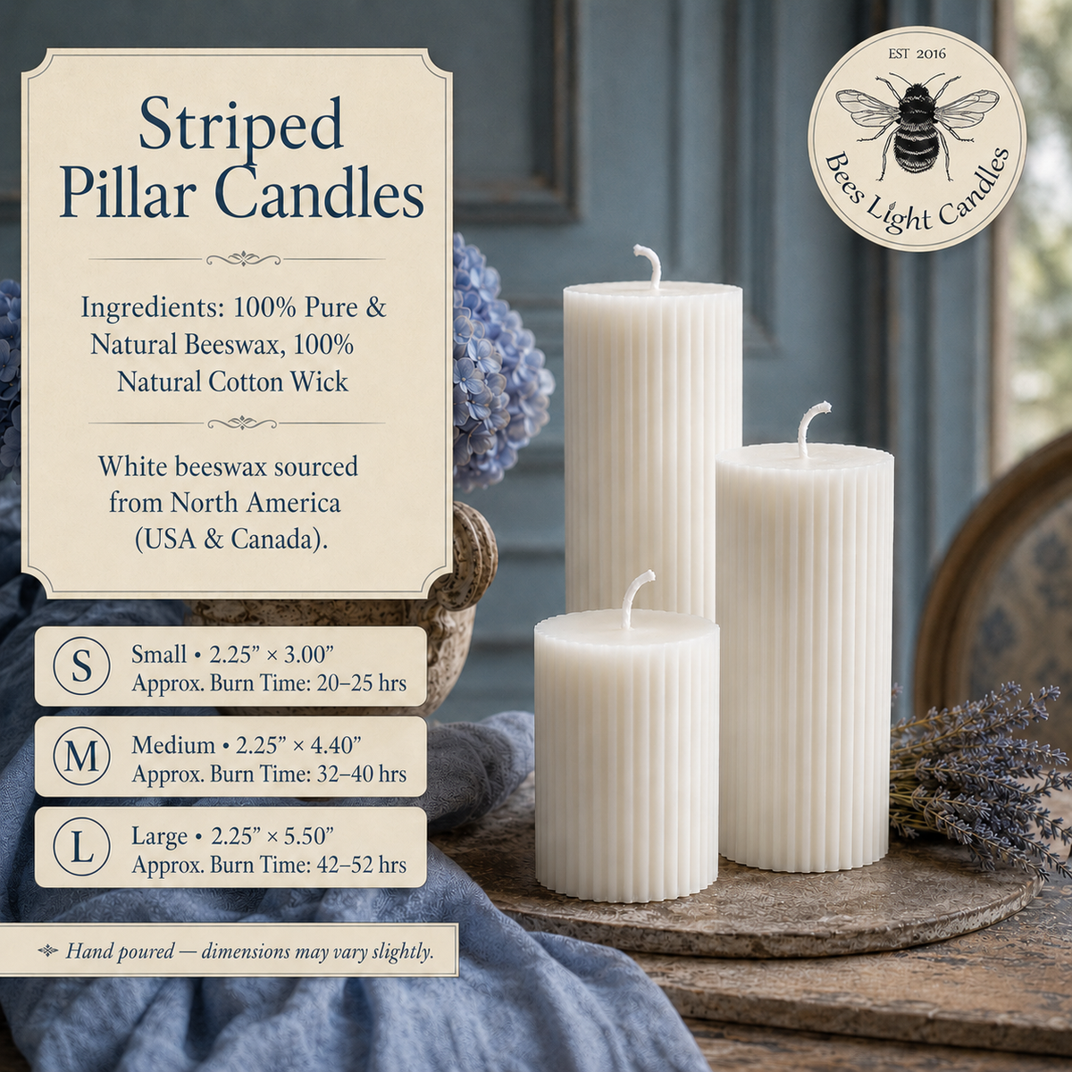 Striped White Beeswax Pillar Candle Set