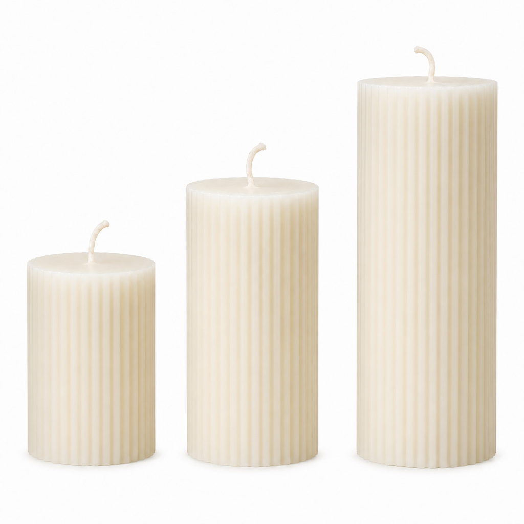 Striped White Beeswax Pillar Candle Set