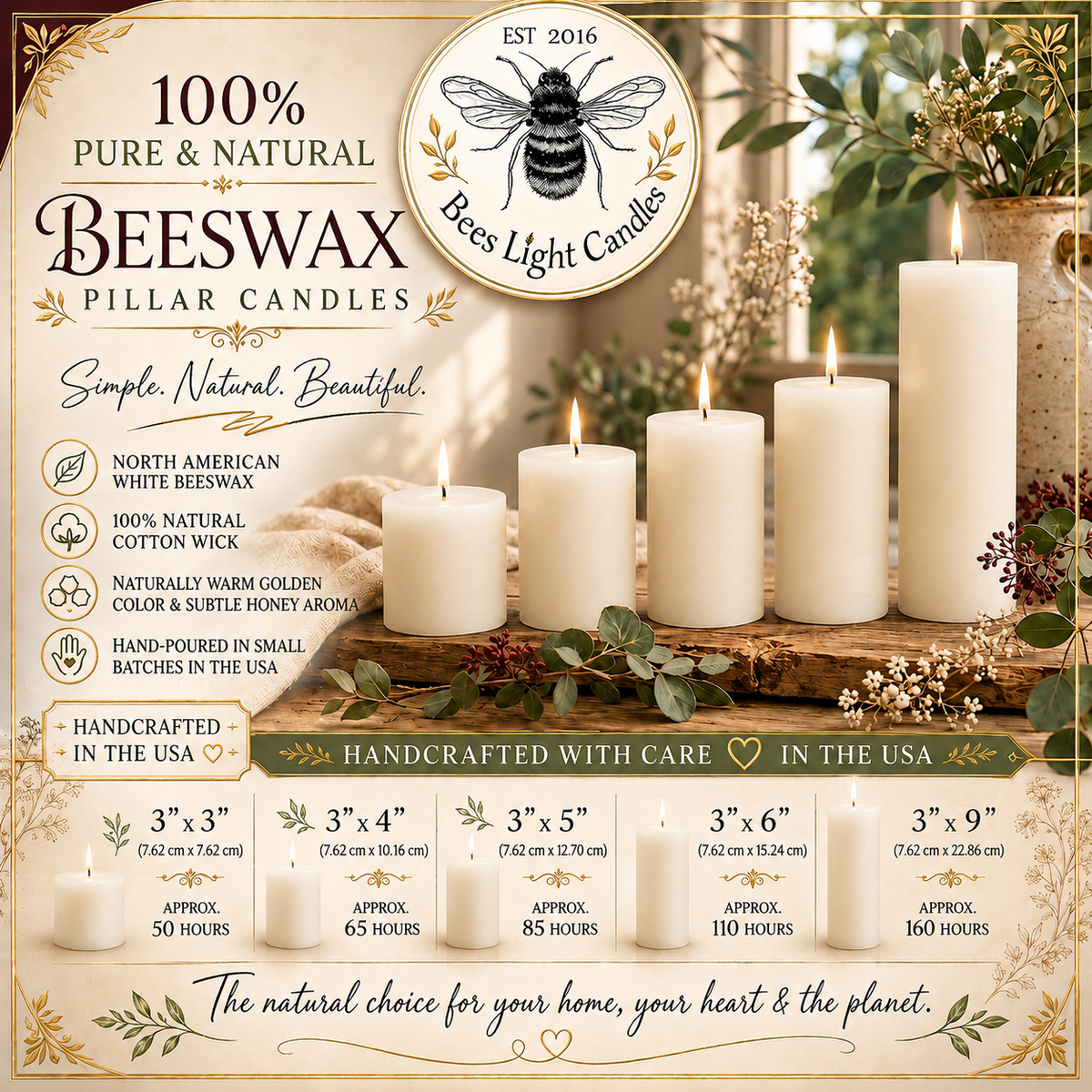 3 Inch White Beeswax Pillar Candles