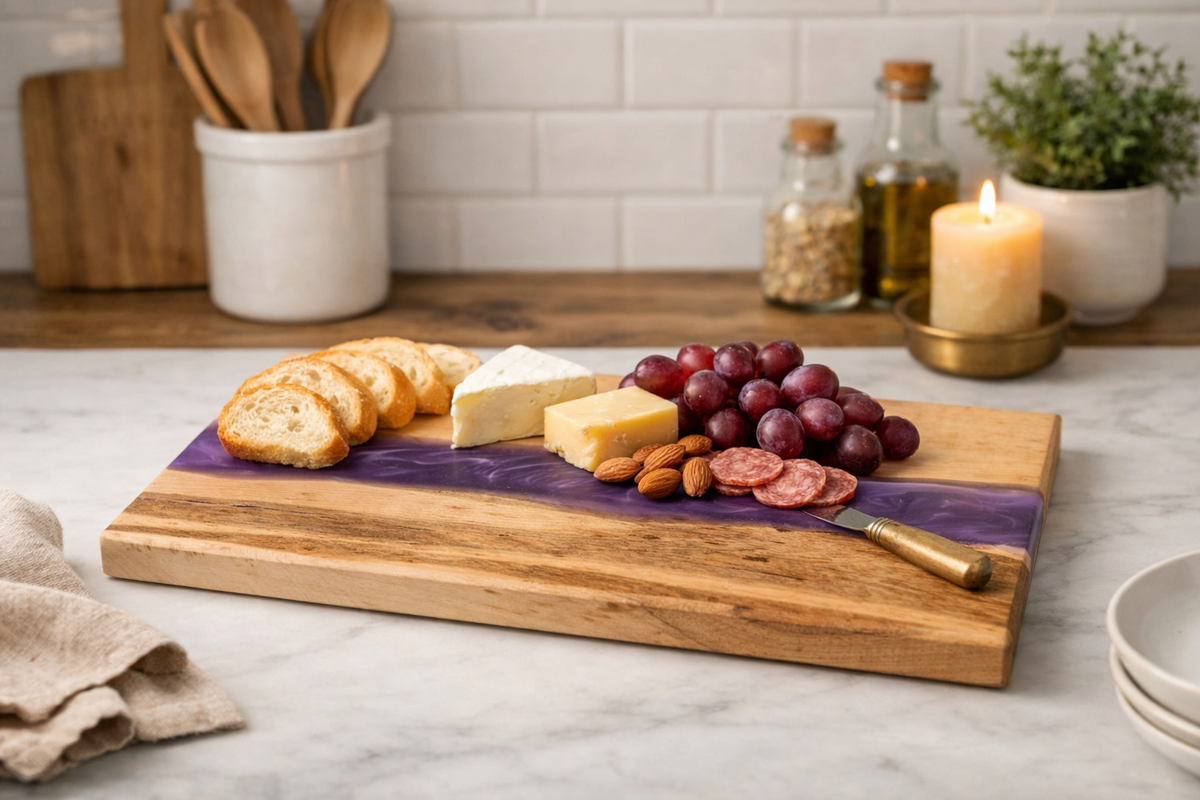 Birds Eye Maple & Purple Epoxy Charcuterie Board – Handmade Serving Board, Rustic Kitchen Decor, Gift for Entertainer