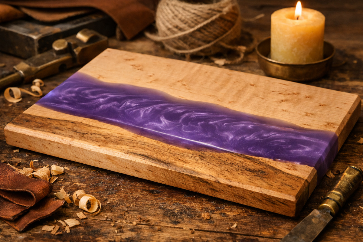 Birds Eye Maple & Purple Epoxy Charcuterie Board – Handmade Serving Board, Rustic Kitchen Decor, Gift for Entertainer