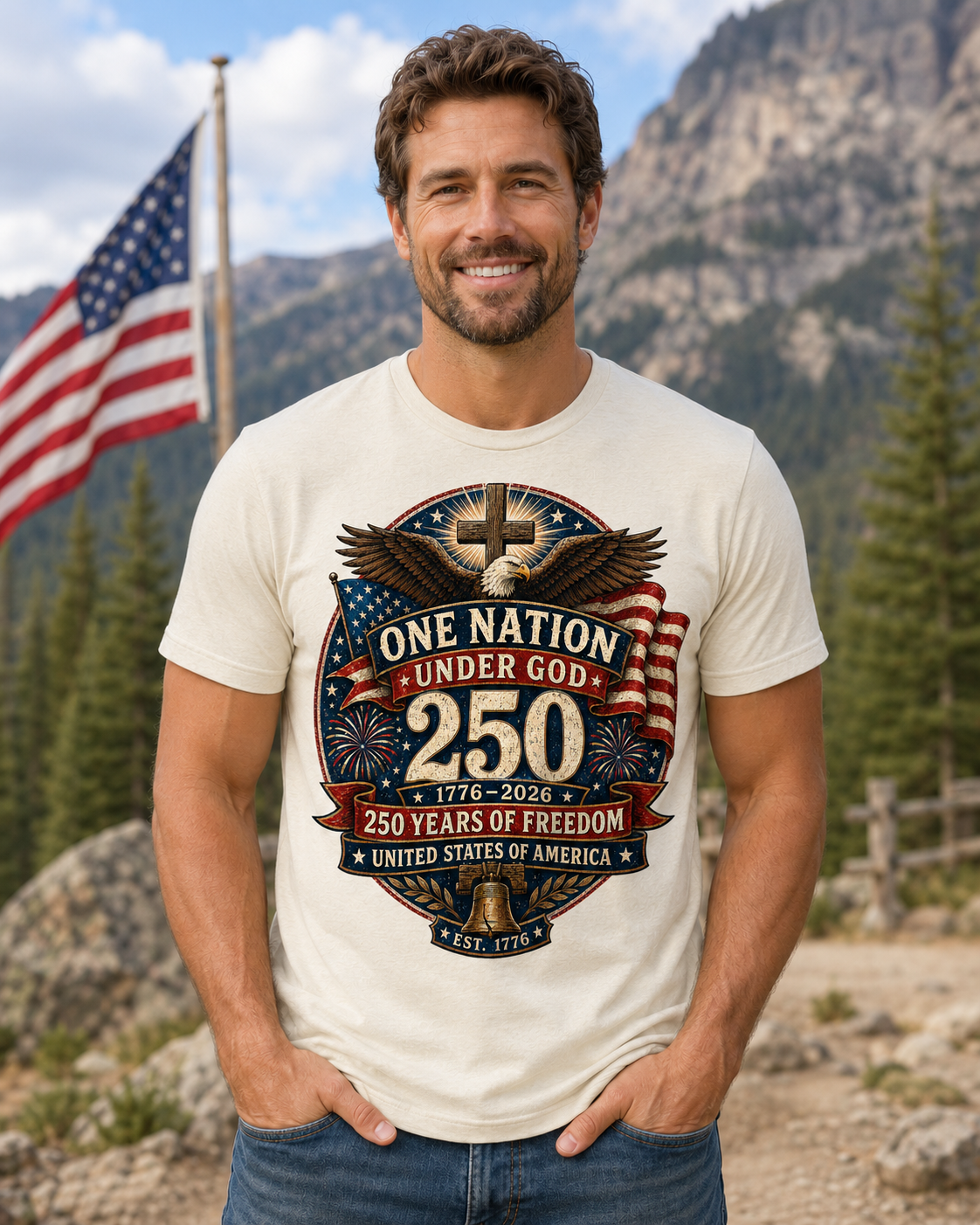 Vintage T-Shirt One Nation Under God Patriotic Freedom Cross