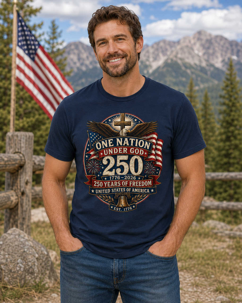 Vintage T-Shirt One Nation Under God Patriotic Freedom Cross