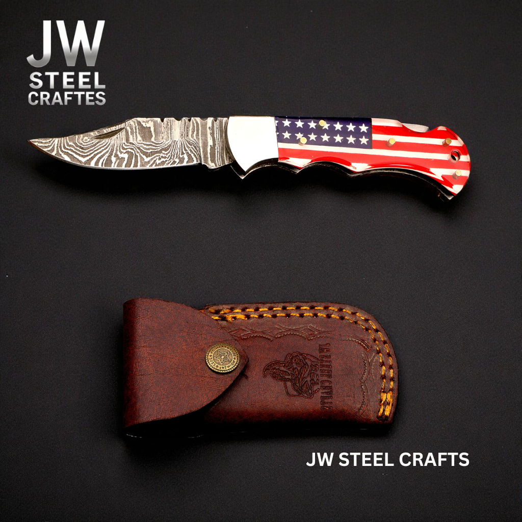 American Flag Damascus Folding Knife Hunter with Ram Horn Handle