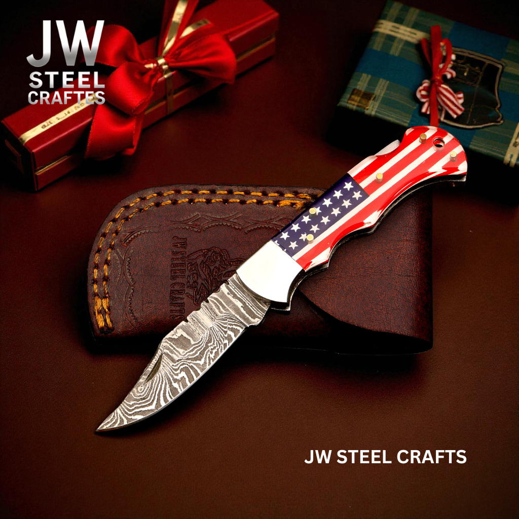 American Flag Damascus Folding Knife Hunter with Ram Horn Handle