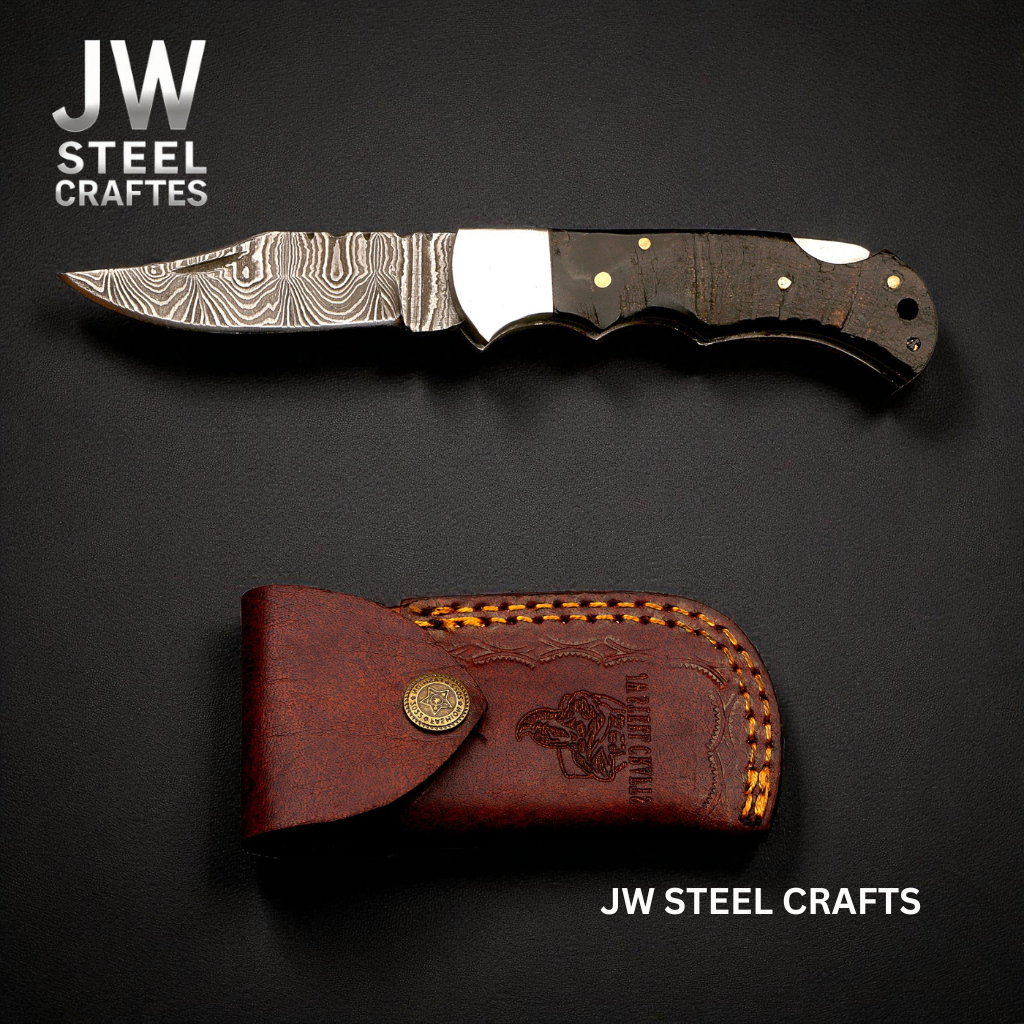 American Flag Damascus Folding Knife Hunter with Ram Horn Handle