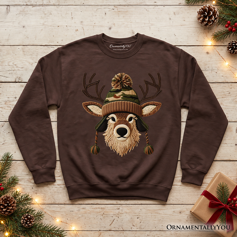 Deer Head Camo Hat Christmas Sweatshirt, Imitation Latch Hook Yarn Cozy Hunting Season Sweater
