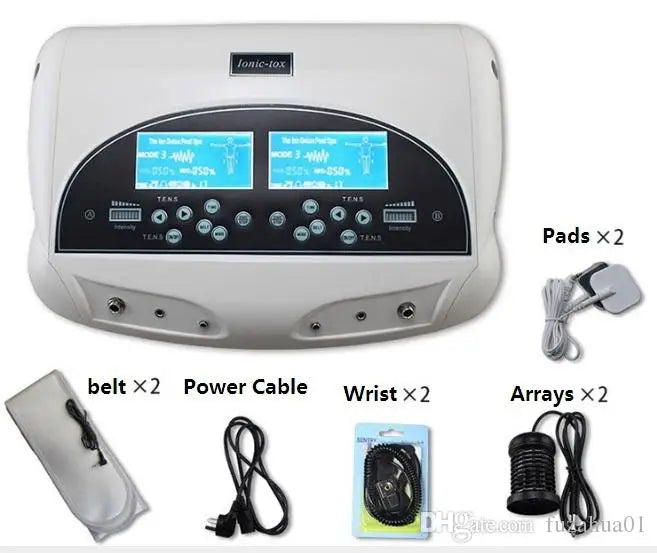 New Dual Detox Machine Ion Cleansing Device Foot Spa Bath Ionic 2 LCD Screen User With Massager Acupuncture Pads Wrist Belt