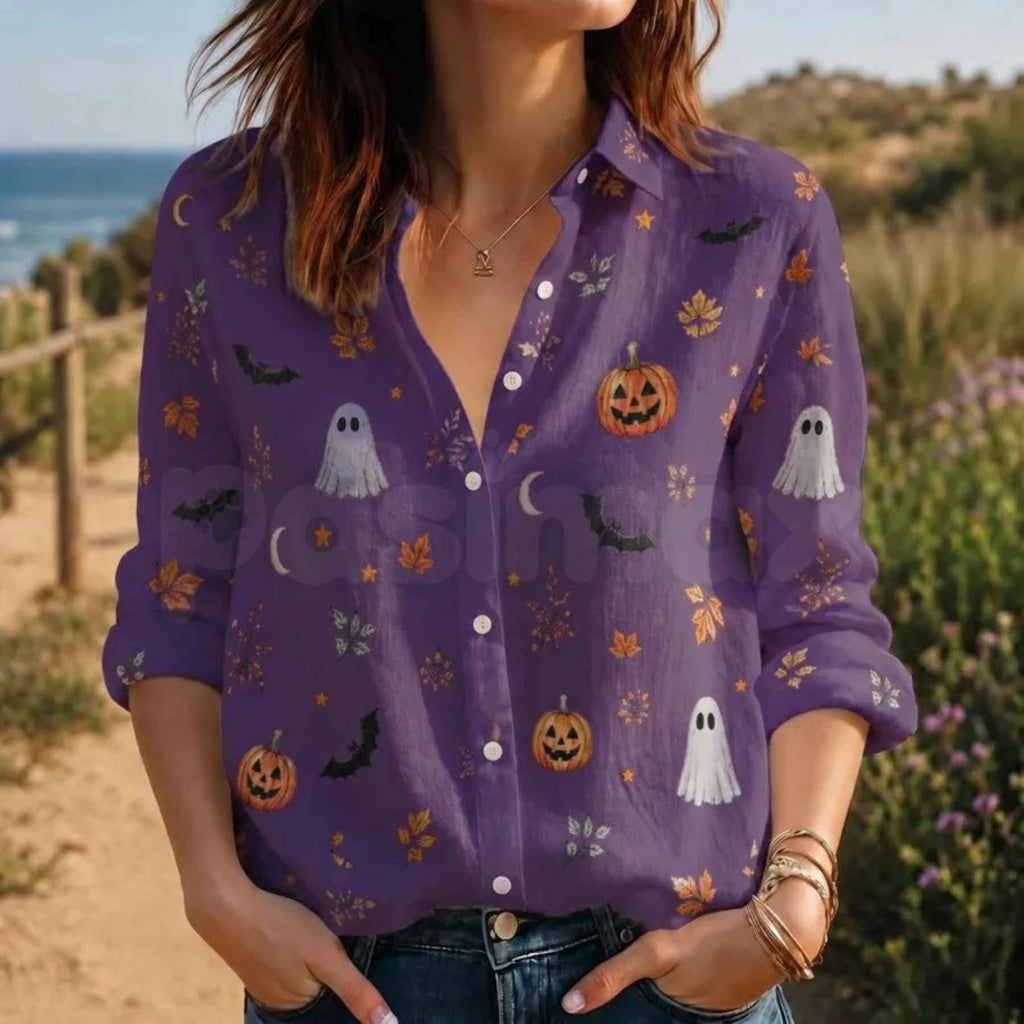 Halloween Ghost Pumpkin Fall Blouse – Spooky Long Sleeve Top, Cute Autumn Leaves Apparel & Fall Festival Outfit
