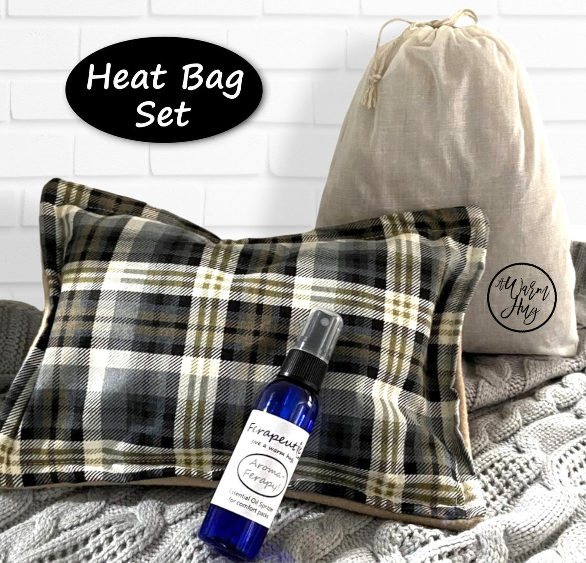 Giving You A Warm Hug,  Generic Unisex Microwave Heating Pads Gift Set, Tan Plaid Fabric