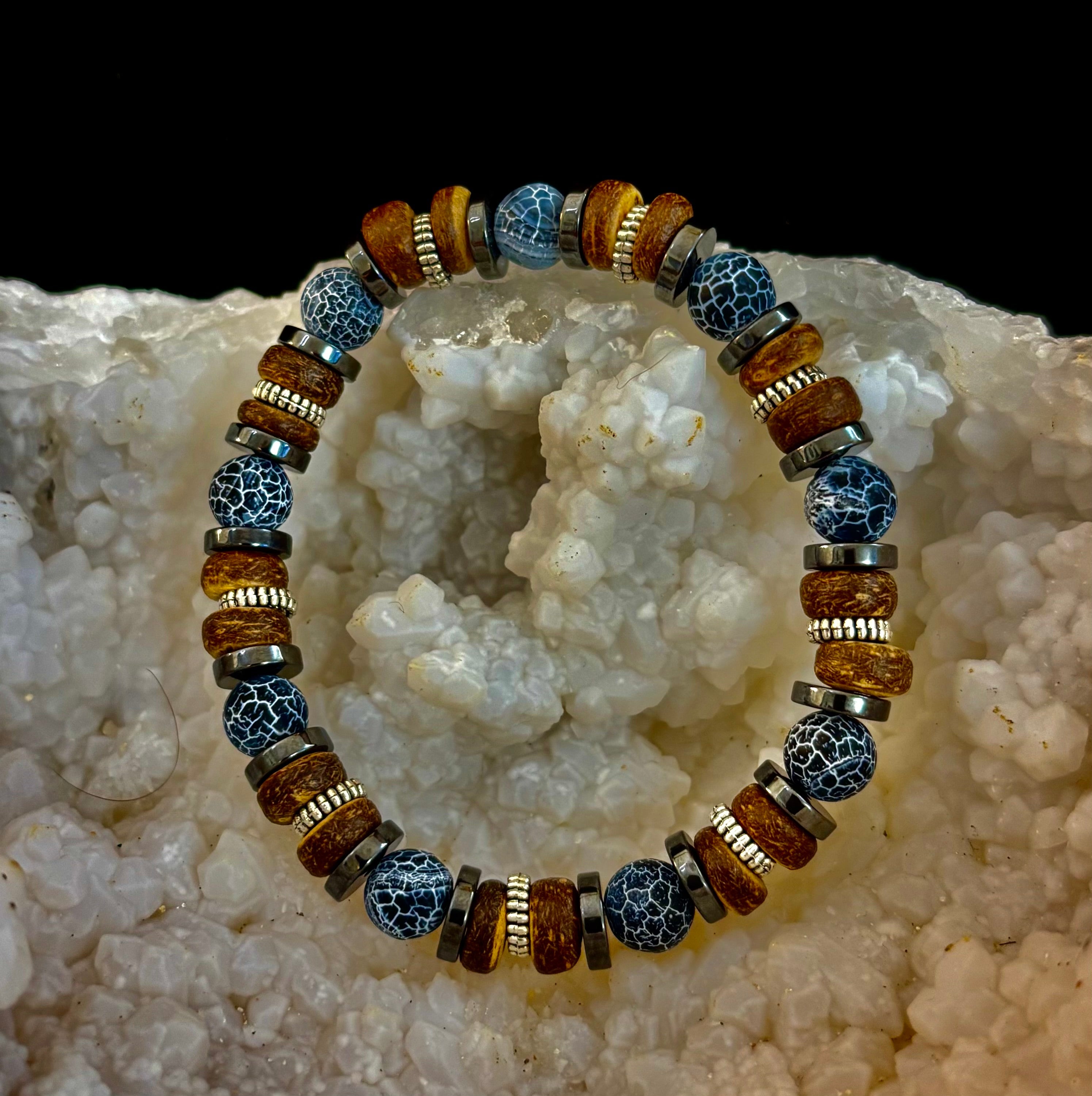 Earthforge Mixed Material Bracelet – Stone, Wood & Metal | Grounding, Strength & Balance | Reiki-Infused Bracelet for Medium to Large Wrists