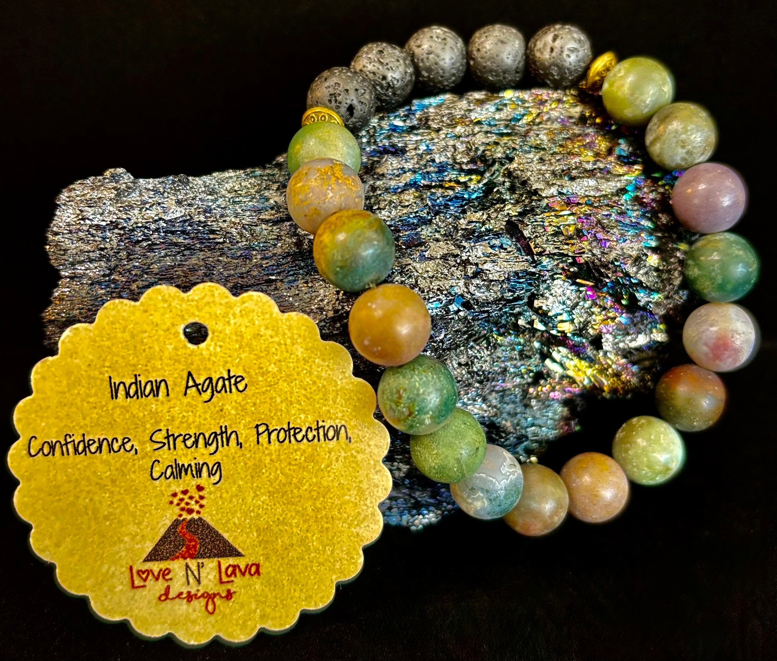 🌿 Grounded Strength Indian Agate Diffuser Bracelet – Lava Stone Energy (10mm)