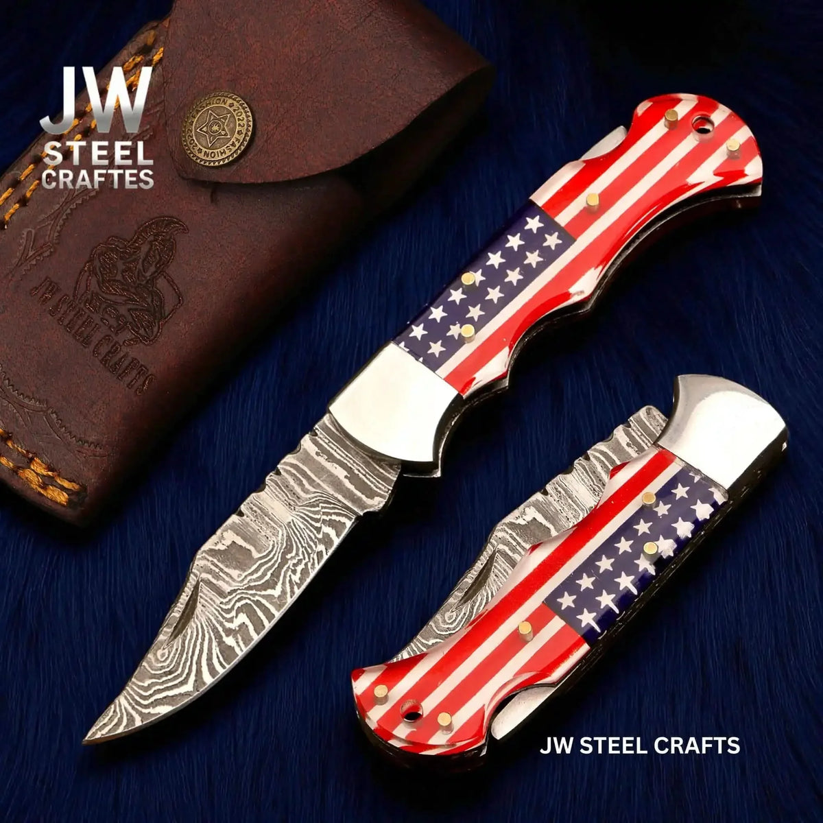 American Flag Damascus Folding Knife Hunter with Ram Horn Handle