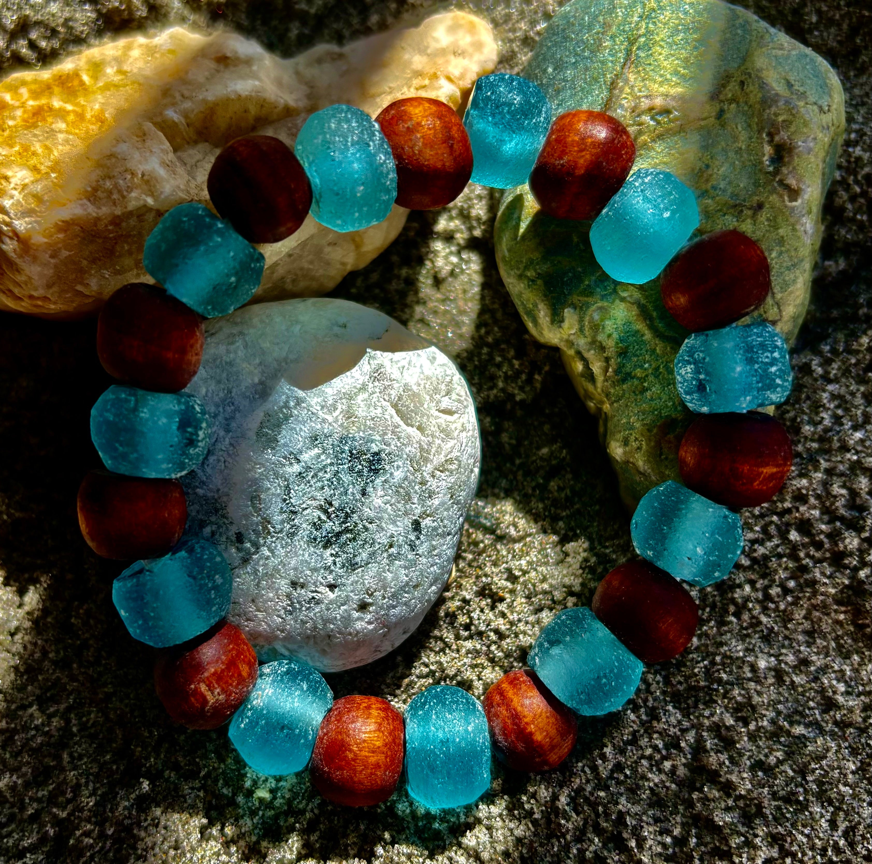 Ocean Drift Recycled Sea Glass Bracelet – Blue Coastal Wood Bead Stretch Bracelet