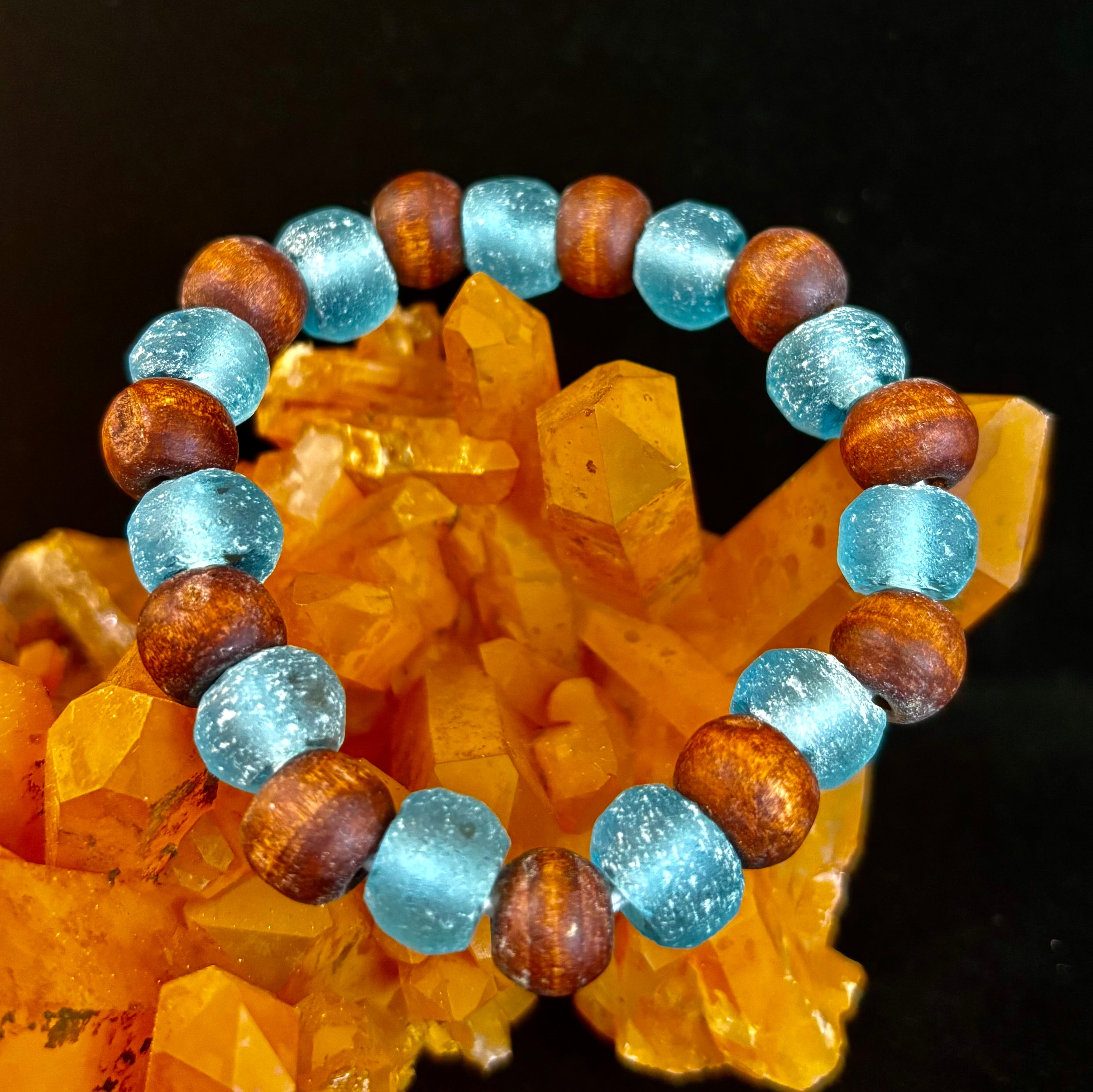 Ocean Drift Recycled Sea Glass Bracelet – Blue Coastal Wood Bead Stretch Bracelet