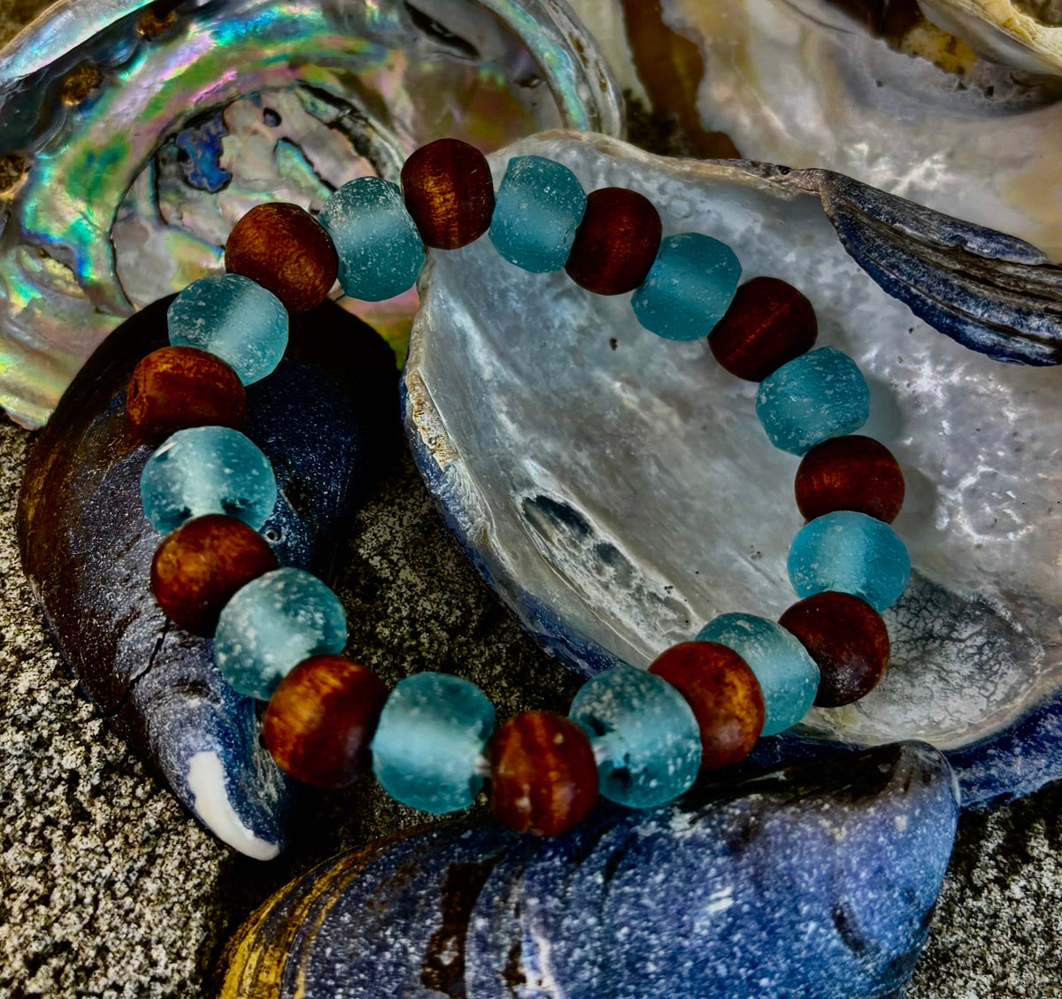 Ocean Drift Recycled Sea Glass Bracelet – Blue Coastal Wood Bead Stretch Bracelet