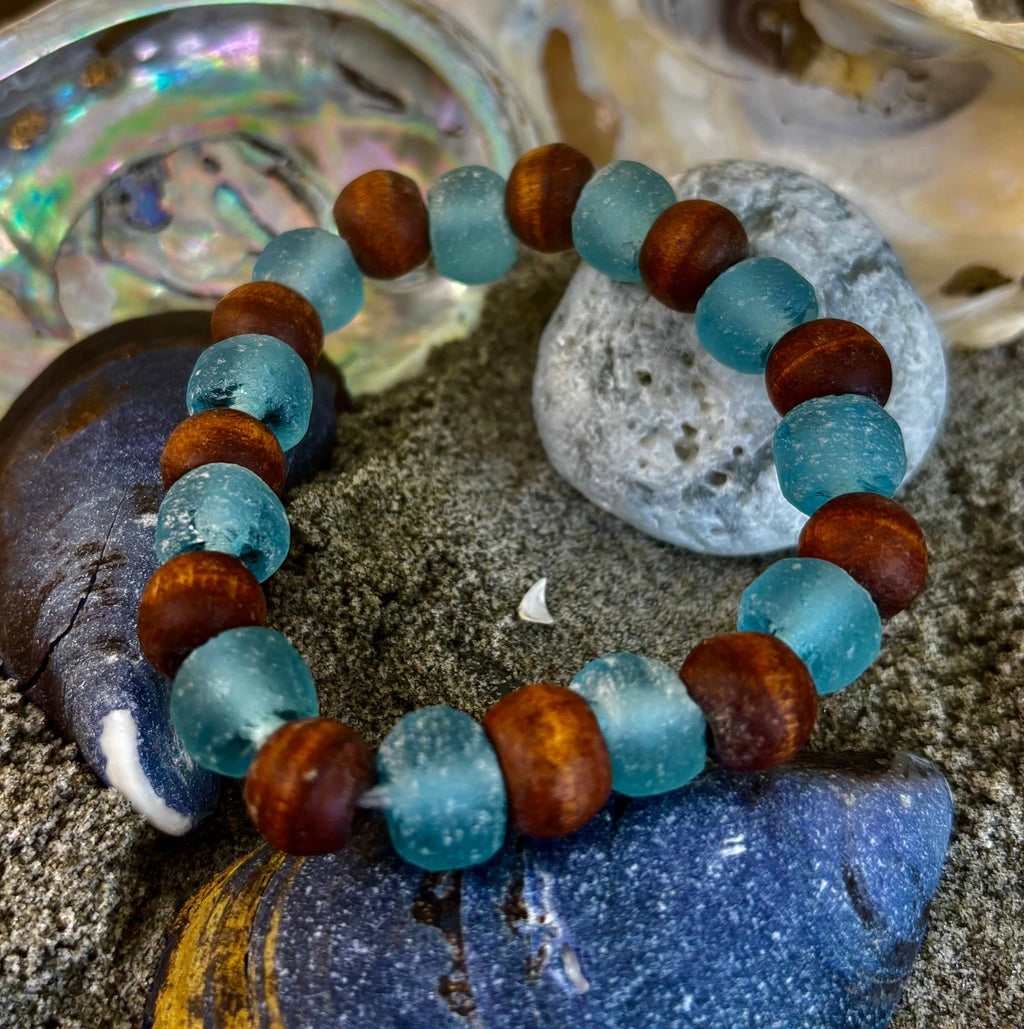 Ocean Drift Recycled Sea Glass Bracelet – Blue Coastal Wood Bead Stretch Bracelet